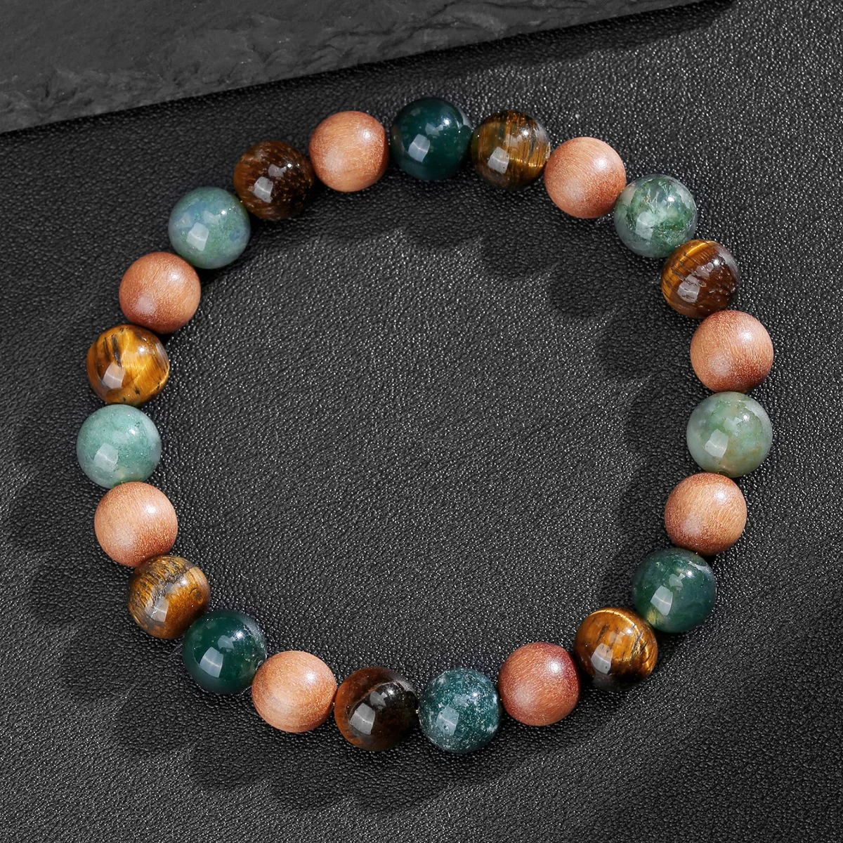 

Chinese Style Lucky Wealth Attracting Natural Moss Agate Tiger Eye Stone Sandalwood Beaded Bracelet Spiritual Protection Good