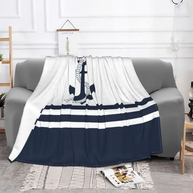 Ultra-Soft Fleece Nautical Blue Anchors With Blue And White Stripes Throw Blanket Flannel Sailing Sailor Blankets Bedspreads