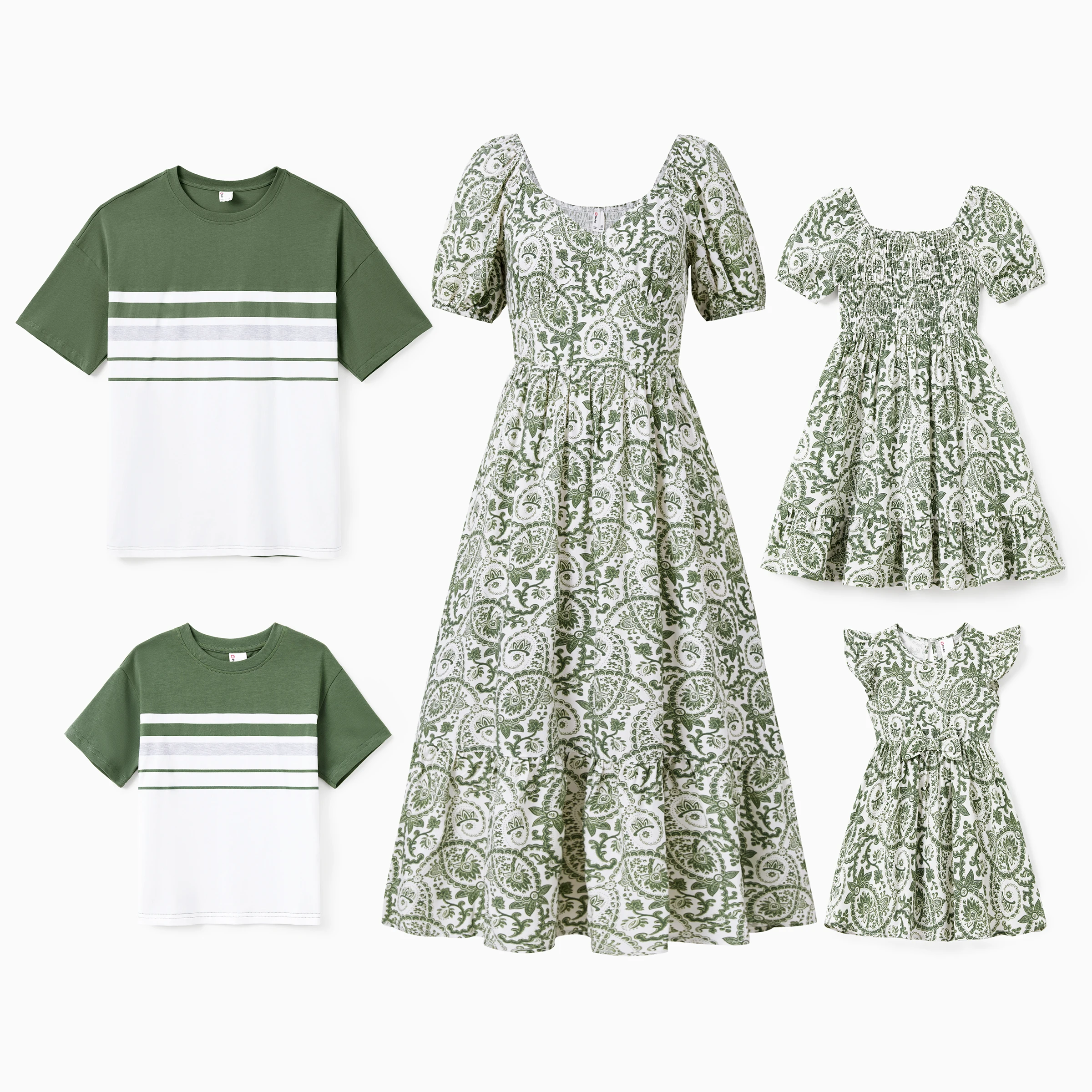 PatPat Family Matching Green Set Colorblock Short-sleeve Top or Floral Dress