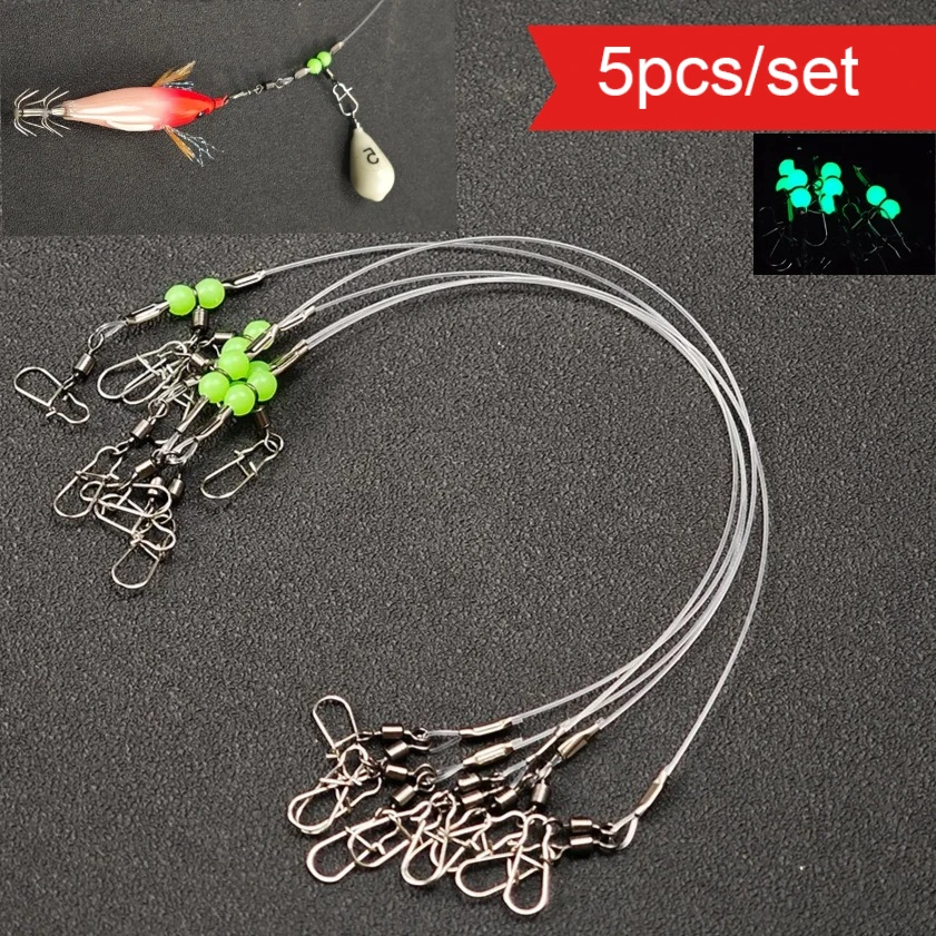 5pcs 20cm Anti-tangle Squid Fishing Rig Glow in Dark Beads Leader Wire with Swivel Connector for Webfoot Octopus Egi Rig Tackle