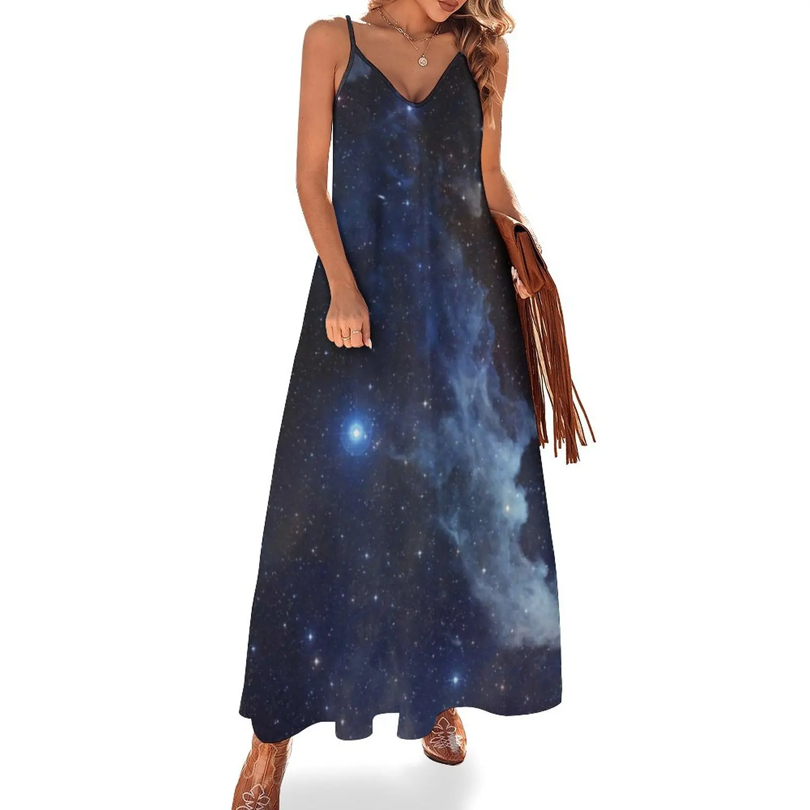 Dark Blue Galaxy Dress Starry Star Clouds Korean Fashion V Neck Casual Long Dresses Women Printed Kawaii Maxi Dress Big Size