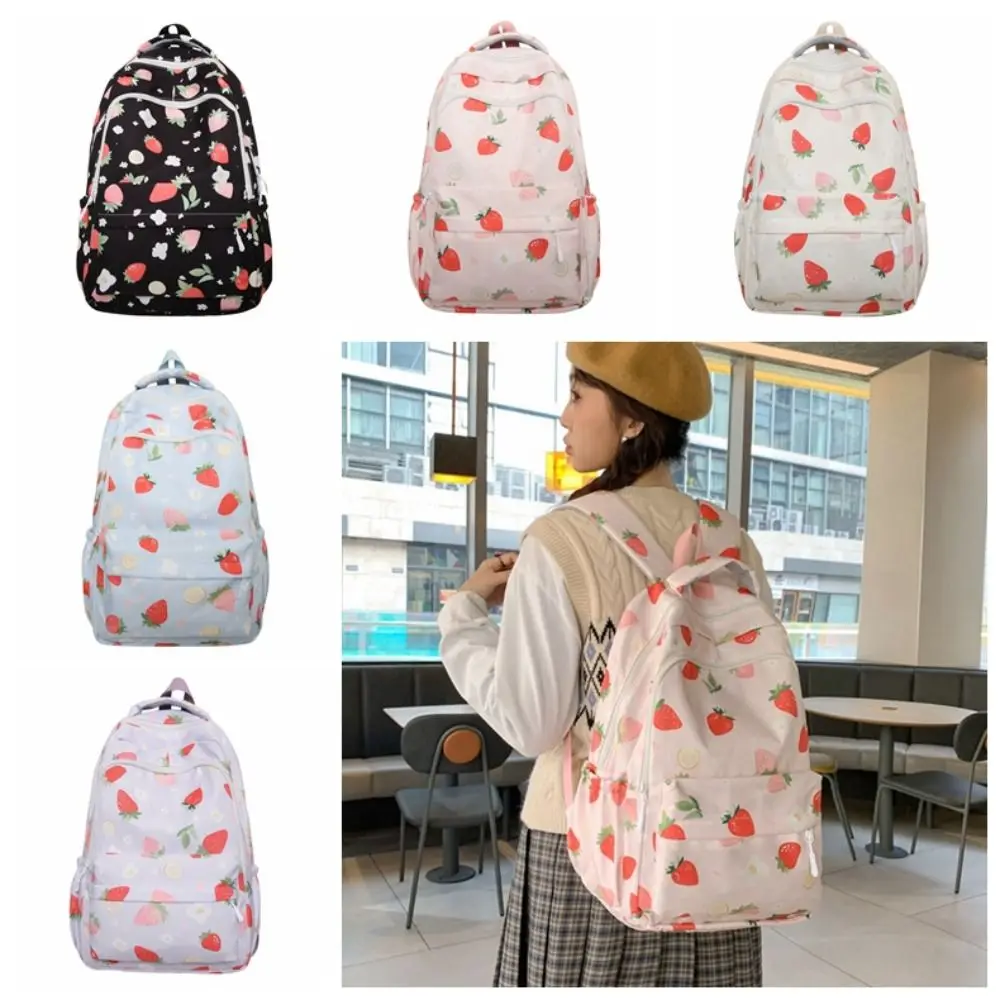 Large Capacity Strawberry Printed Backpack Multi Pocket Adjustable Strap Students Knapsack Korean Style Harajuku School Bag