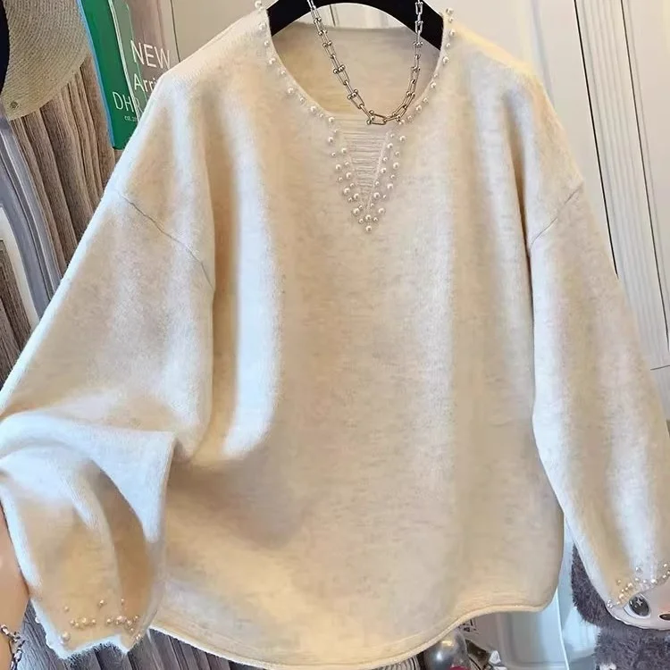 

Elegant Pearl Knitwear Loose Winter Innerwear for Women Beautiful Fashionable plus Size Girls French Style round Neck Long Sl...