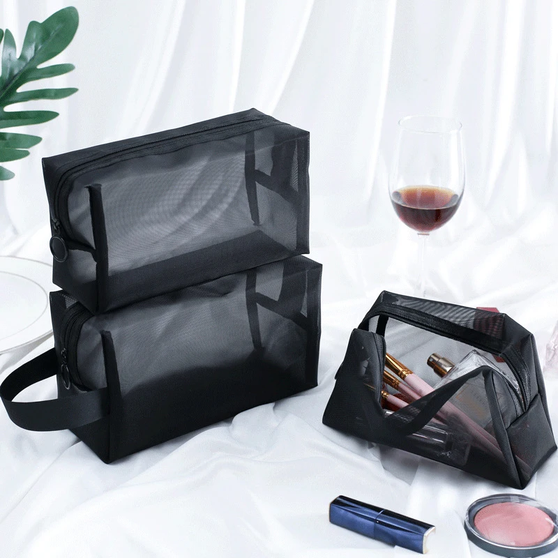 Borsa per cosmetici trasparente in rete nera custodia per il trucco borsa per il trucco con cerniera da viaggio borsa per il trucco borsa per il