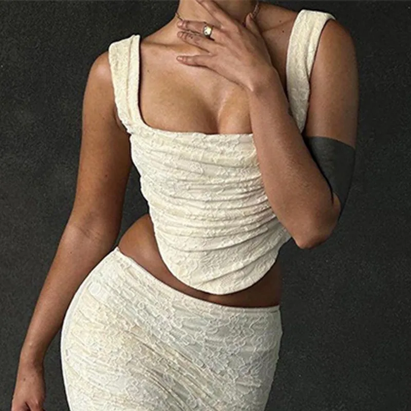 New Summer Women\'s Clothing Elegant Bandeau Lace Sleeveless Top & High Waist Mermaid Skirt Set Female Fashion Slim Skirts Sets