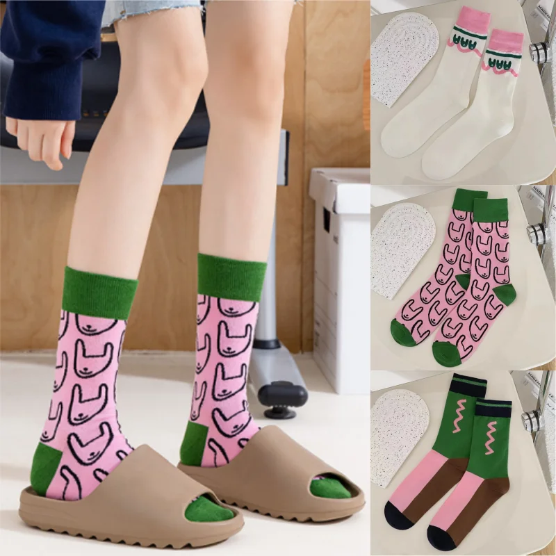 1 3 Pairs Women's Kawaii Cotton Socks - Pink Green Harajuku Socks Abstract Cartoon Print All Season Casual Crew Socks EU 35-40