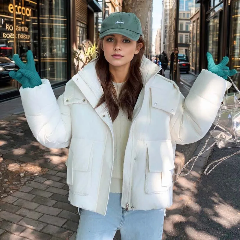 2024 Winter New Fashion Down Cotton Short Jacket Women Thick Warm Loose Cocoon Type Hooded Diamond Puffer Coat Female Outwear