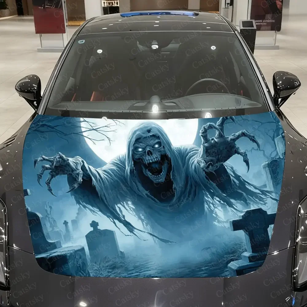 The Attacking Ghost Design For Cars, Waterproof PVC Hood Sticker, Self-Adhesive And Scratch-Resistant For Engine Covers