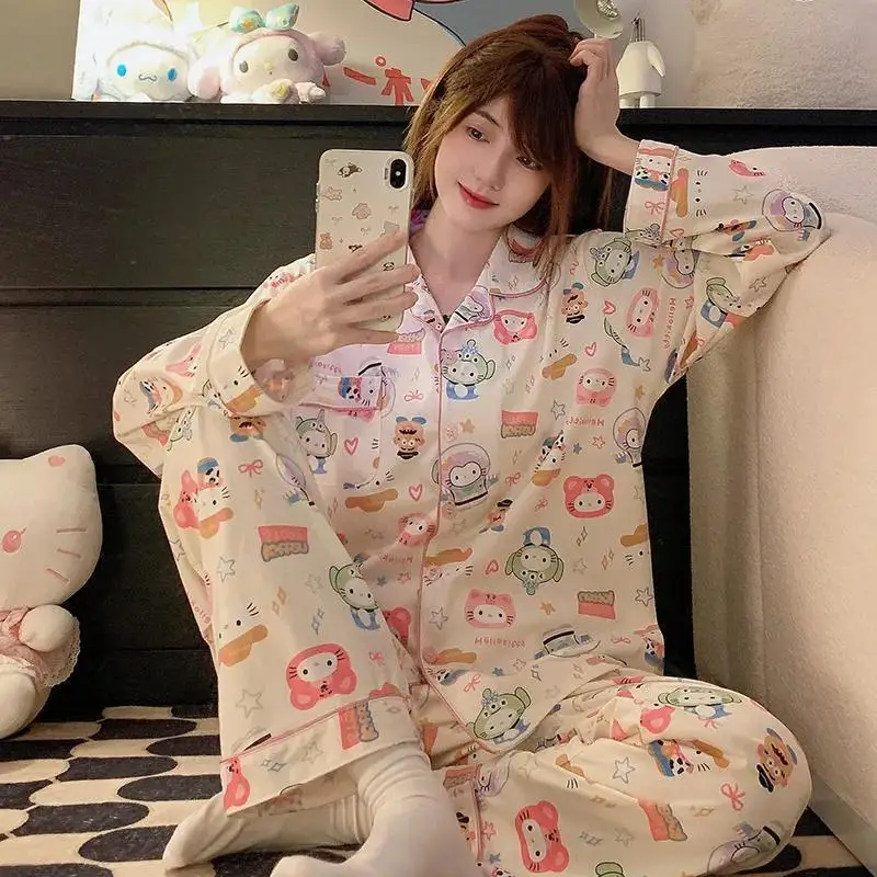 Sanrio Hello Kitty Full Printed Cute Cartoon Sleepwear Japanese Style Loose Casual Home Suit Set Women\'s New Long Sleeve Pajamas