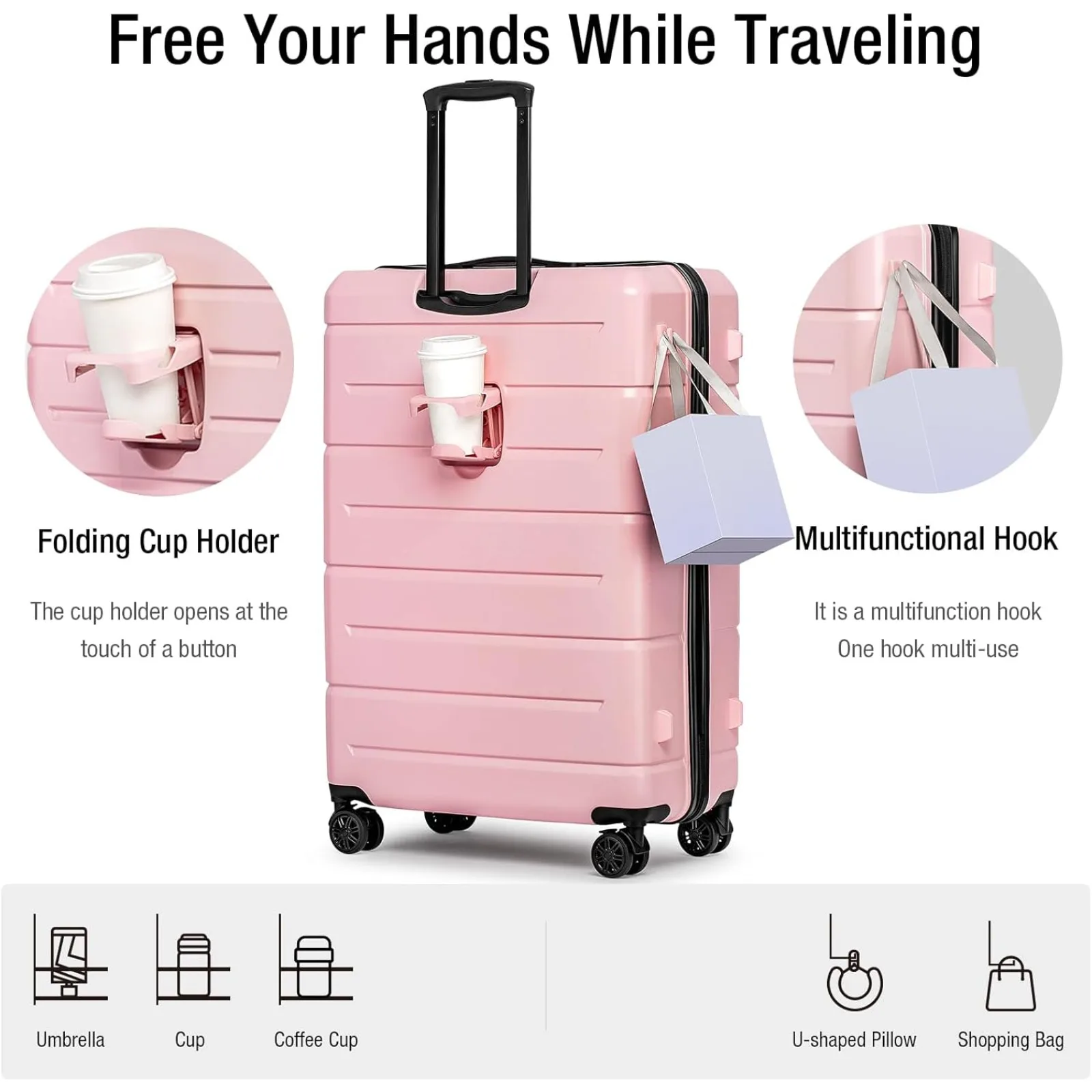 US Pink Hard Shell 3 Piece Luggage Sets with Cup Holder,Travel Lightweight Suitcase