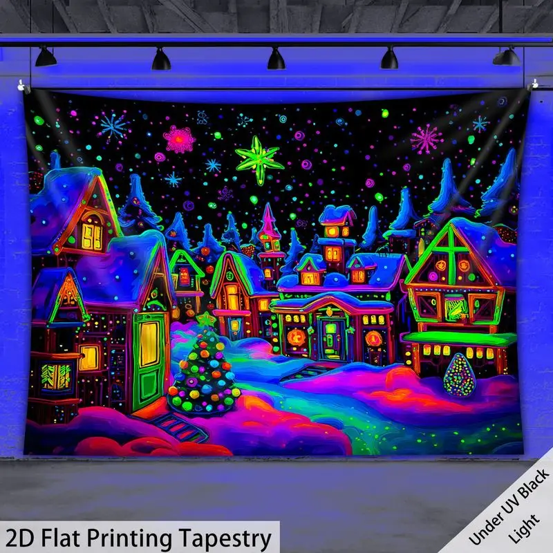 VIKAMA UV Glow Christmas Village Tapestry Neon Snow House Wall Hanging Psychedelic Xmas Bedroom Dorm Wall Decoration