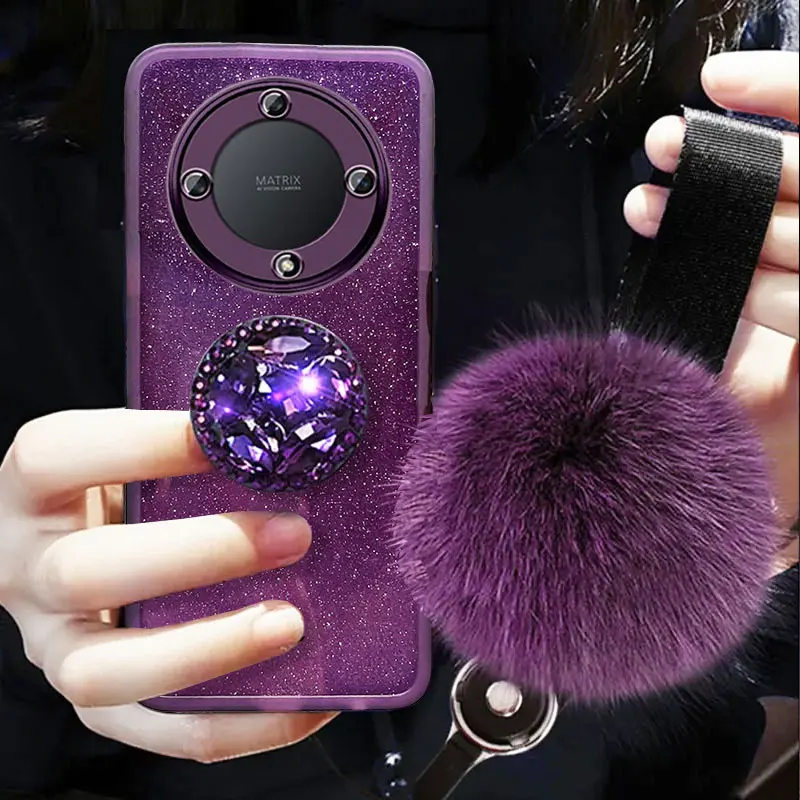 Honor Magic5Lite Case Luxury Diamond Holder Cover For Honor Magic 5 6 Lite pro X9B X9a X8b x7 X7a X8a Case With Fur ball Lanyard