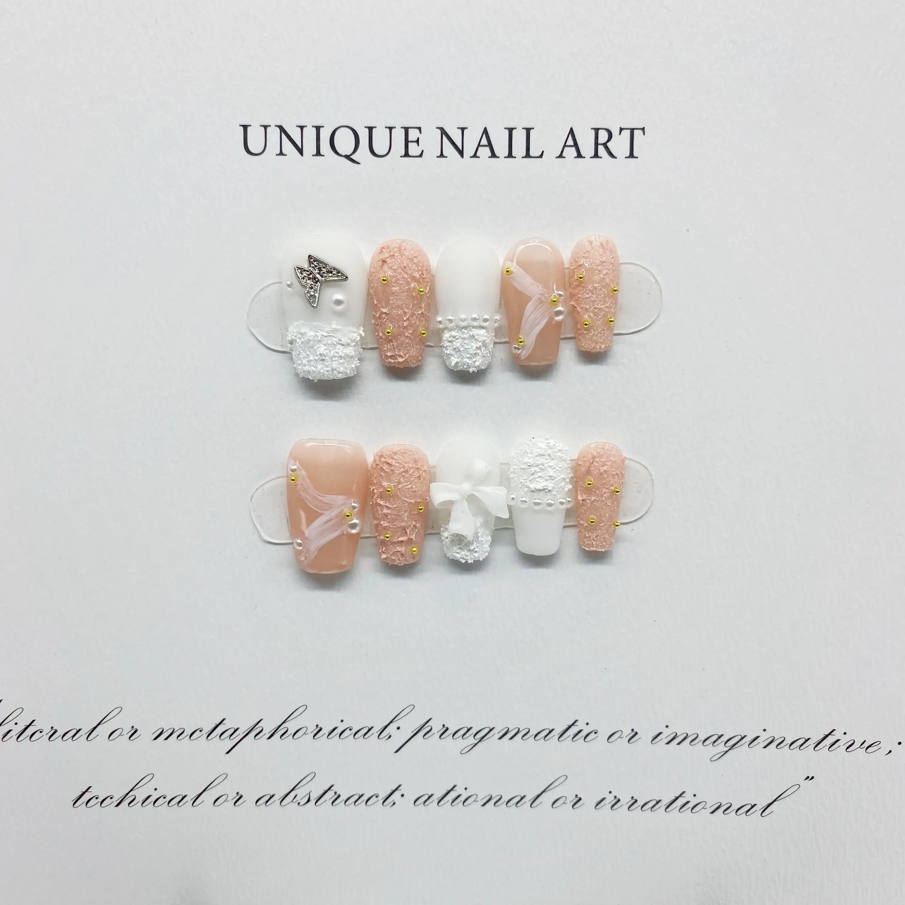 Plaster Contrast Color Alloy Butterflies Detachable Reusable High-Quality Elegant White Handmade Press On Nails.No.C070