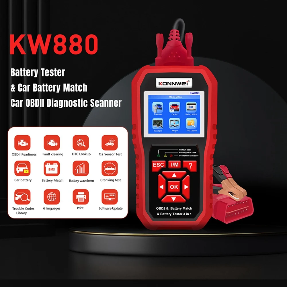 

KONNWEI KW880 12V Battery Tester Car Battery Match Car OBDII Diagnostic Scanner 3 In1 Charging Test Tools for the Car