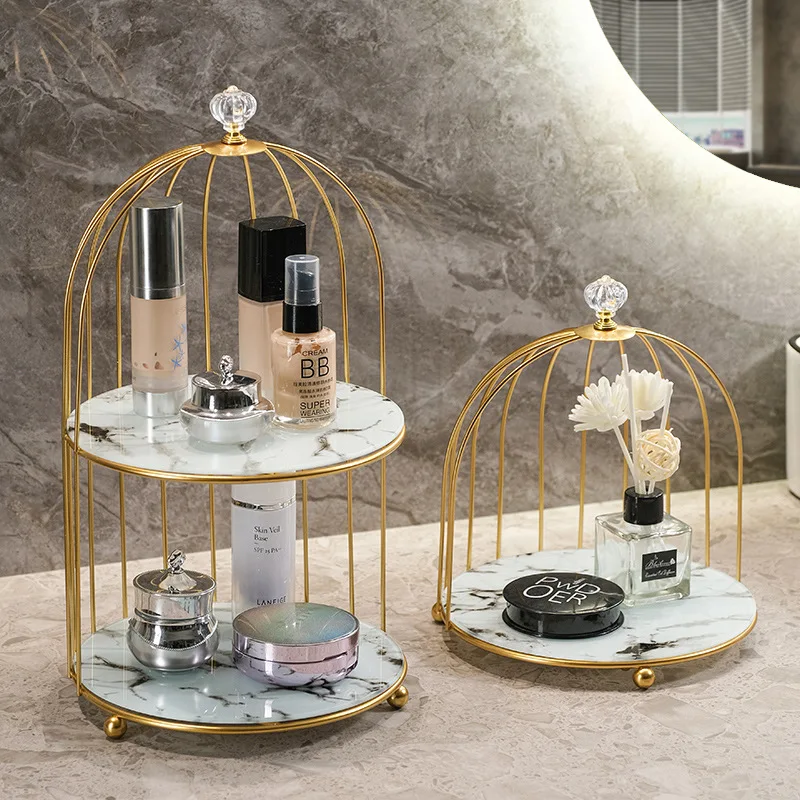 

Light luxury birdcage marble patterned double-layer cosmetics storage box desktop light luxury decoration storage artifact