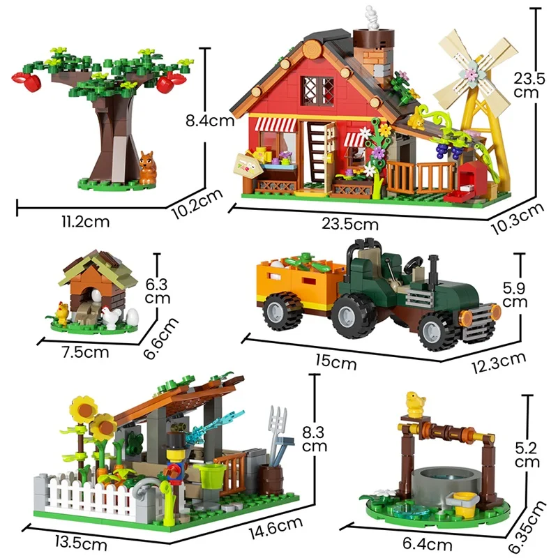 649 ELEMENTÓW Kreatywny Zestaw Klocków Wiatrak Farma z Pojazdami Rolniczymi Zwierzętami Drzewami Roślinami Akcesoria z Klocków Puzzle Zabawki dla Dzieci Prezent