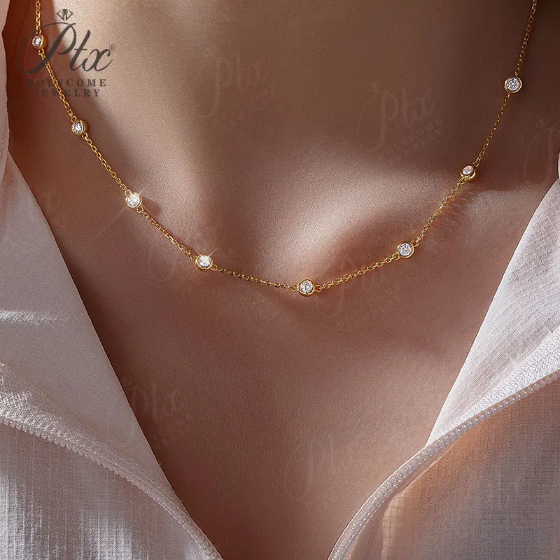 Moissanite Necklace for Women Round Cut 925 Silver Sparkling Collarbone Chain Charms High Quality Pendant Fine Jewelry Gift