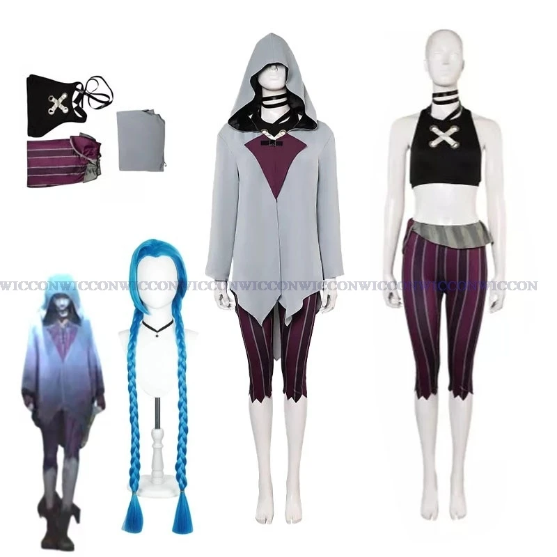 Game LOL Arcane Crit Loli Jinx Cosplay Costume The Loose Cannon Hooded Cloak Short Sleeve Uniform Wig Man Woman Carnival Suit