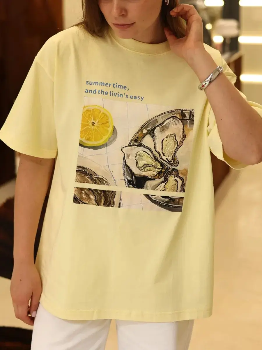 Summer New 100% Cotton European and American Leisure Ocean Style Trendy Retro Age Reducing Fun Cute Women's Short Sleeves