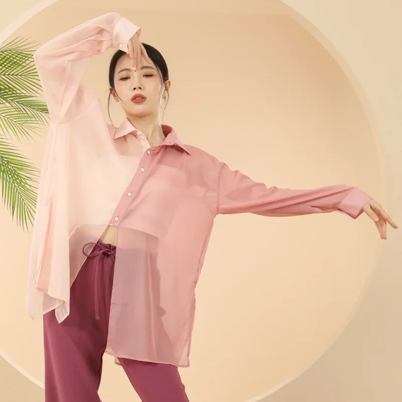 قميص شيفون فضفاض بلون مزدوج للبالغين ، رأس باليه كلاسيكي ، لون متباين ، أزياء رقص معاصر ، قافية جسم منقسمة من الخلف