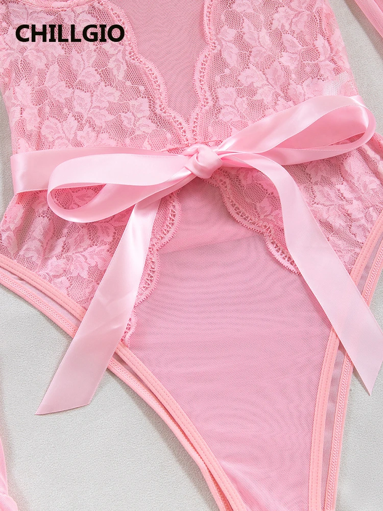 Chillgio feminino sexy floral renda malha macacão lingerie bodycon magro moda push up gola quadrada mangas compridas babados bodysuits