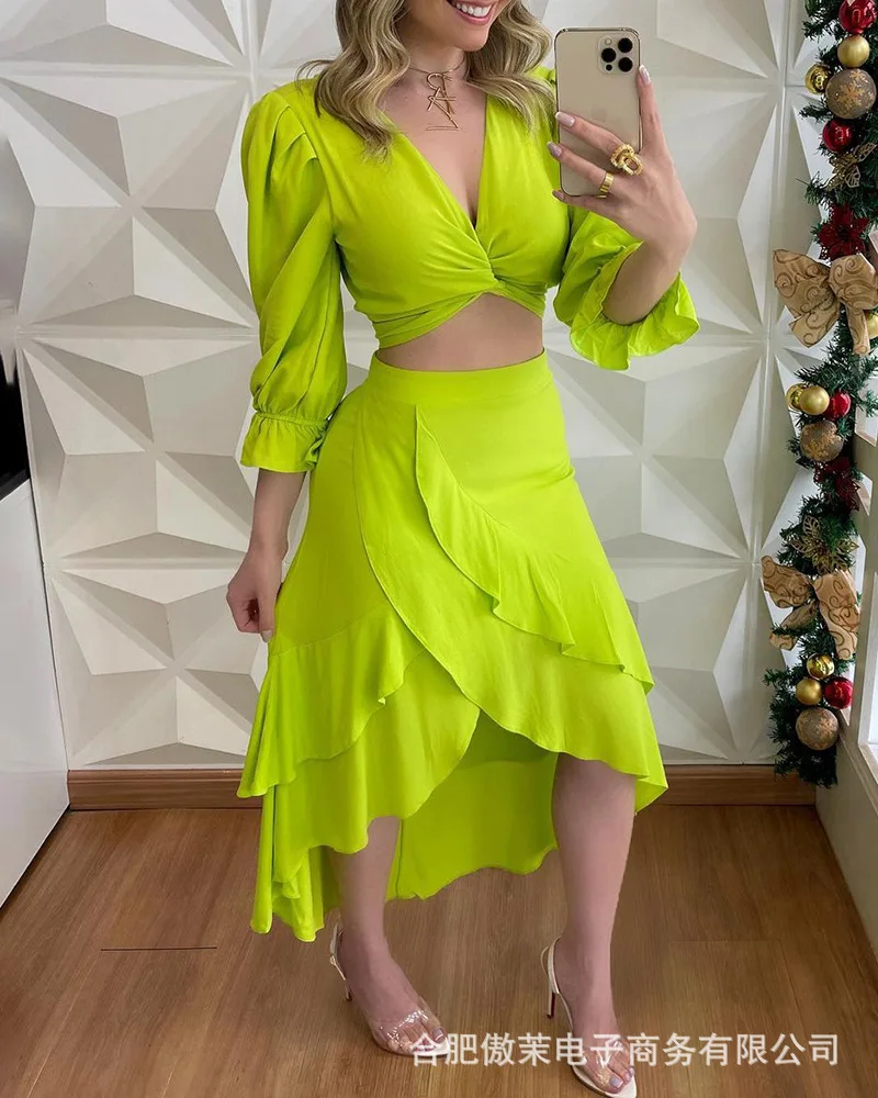 Women's Skirt Set 2024 Spring Summer Casual Simple Fluorescent Green Sexy Dress for Women Female Clothing Outfits