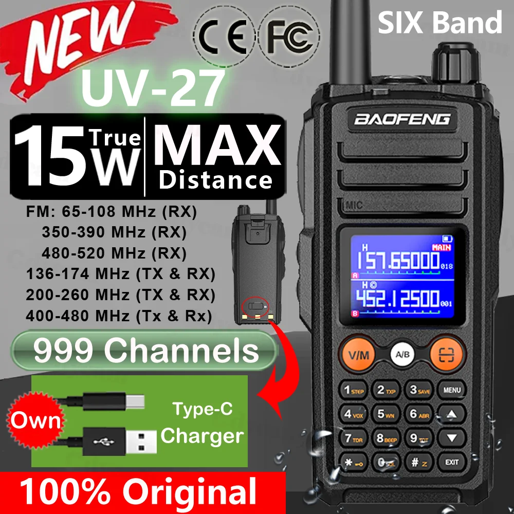

Новая рация Baofeng UV27 15 Вт, беспроводная частота копирования дальнего действия, 999 каналов, 2-полосная радиолюбительница, порт VHF UHF FM Type-C, портативное радио