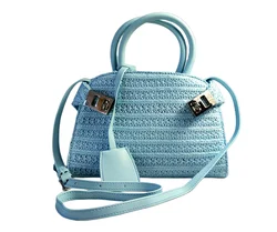 Straw Tote Bag 2024 Fashion Chic Pu Leather Lock Handbag Summer Beach Purse Blue Black Shoulder Small Mini Color Block