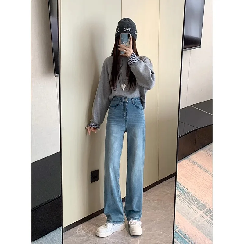 2025 Fashion Four Seasons Classic Blue Denim Trousers women's Jeans Casual Straight Slimming Fashion Madam Brand Clothing