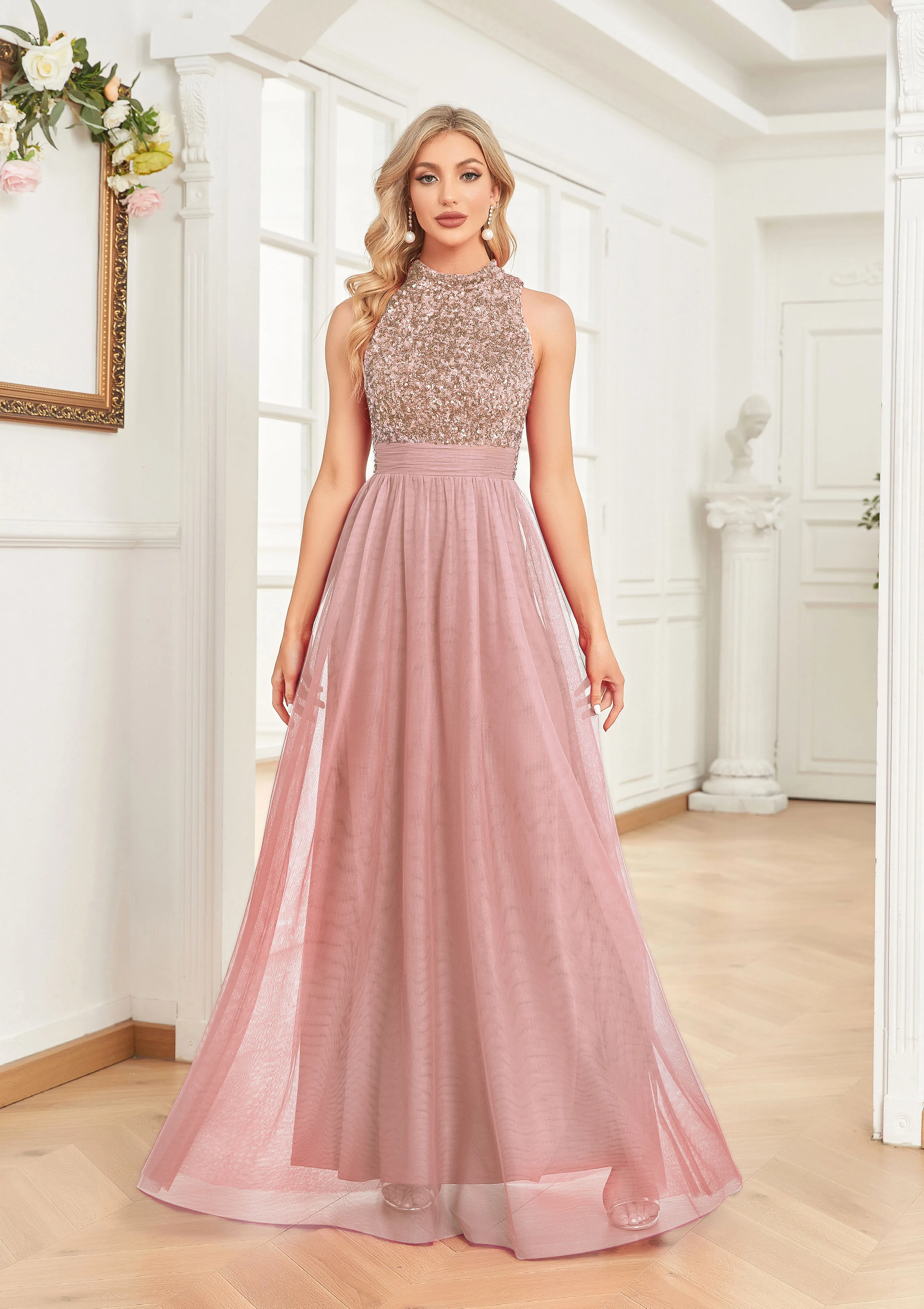 فساتين سهرة أنيقة برقبة على شكل حرف V ترتر أخضر طويل فاخر للنساء من التل بدون أكمام لحفلات الزفاف وحفلات الكوكتيل