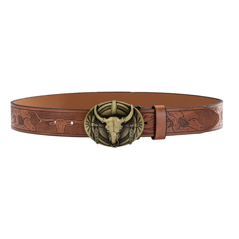 Ethnic Buckle PU Belt for Men Women Vintage Wide Belts Engraved Cowboy Belt Dropship