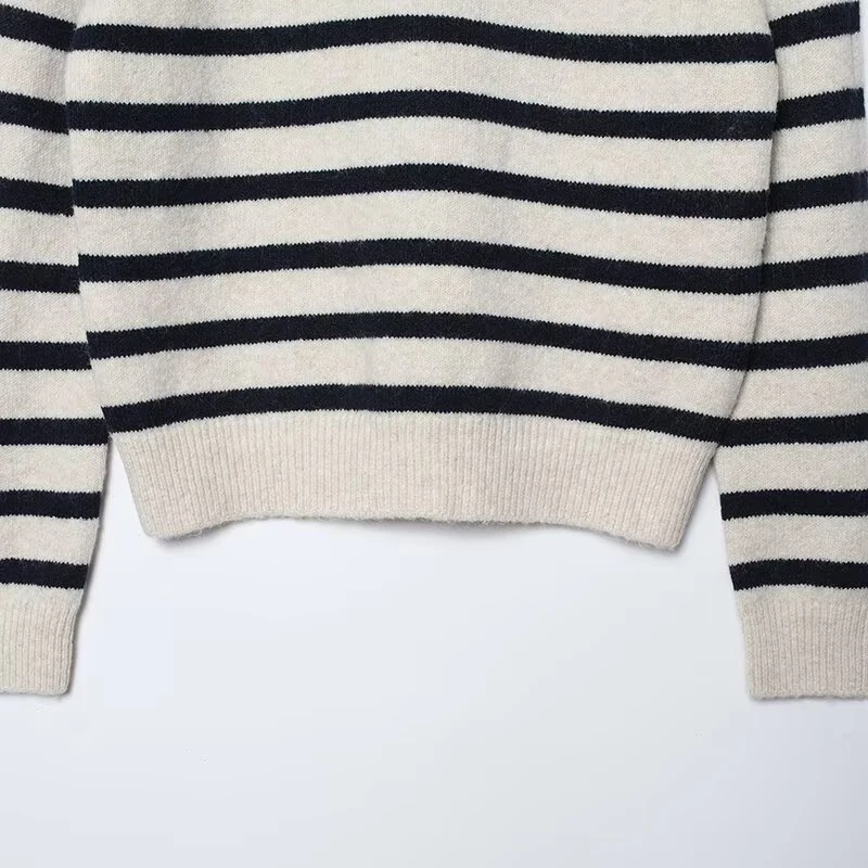 2026 New Women Vintage Striped Knitted Sweater Long Sleeve Round Neck Basic Casual Pullover Spring Autumn Tops