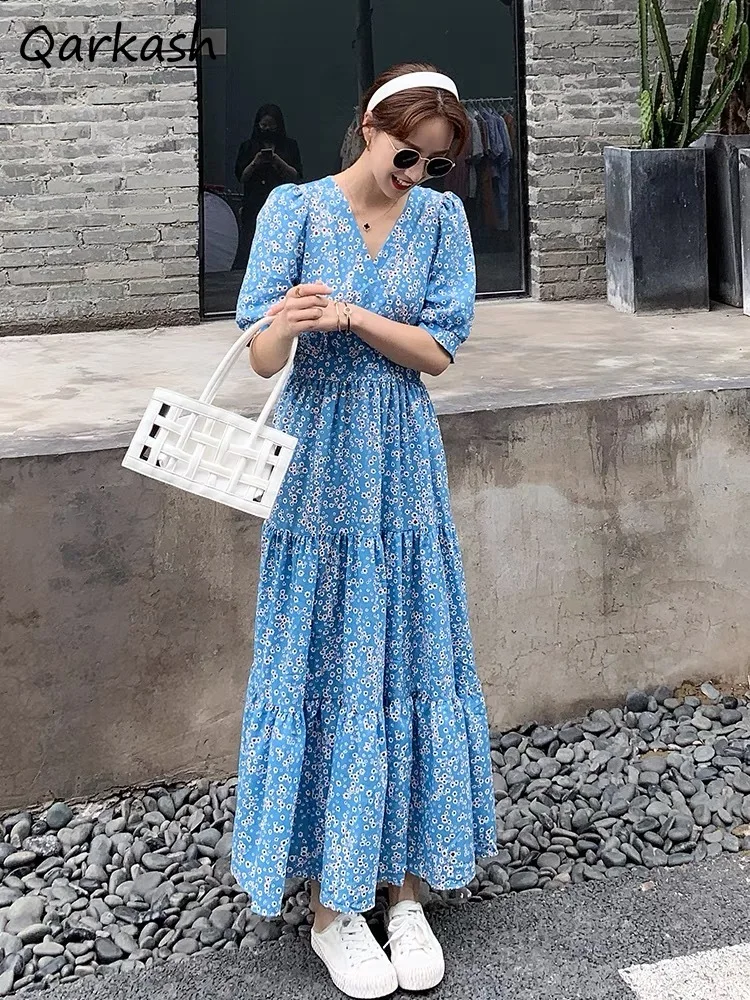 

Dresses Women Summer Fashion Korean Style V-neck Chic Simple Tender Temperament All-match Ankle Length Classic Students Cozy New