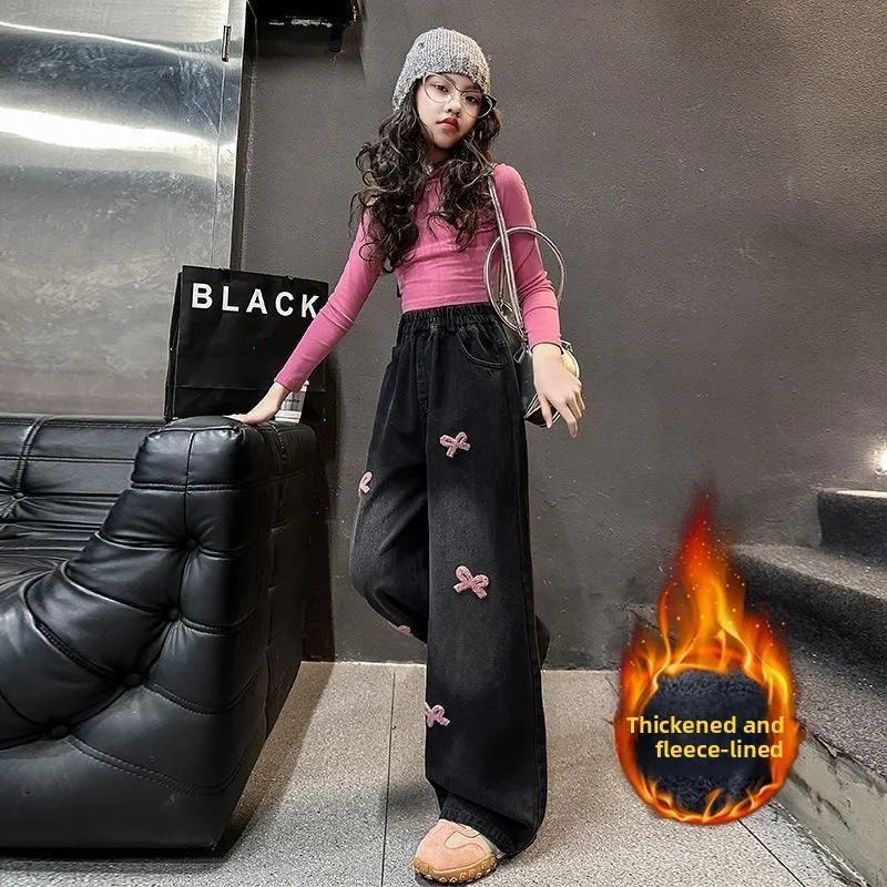 Pink bow girls fleece jeans older children integrated fleece straight pants foreign casual wide-leg pants