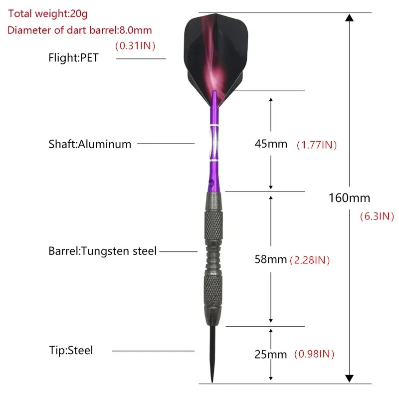 3pcs/set Of Metal High-grade Imitation Tungsten Steel Darts 20g Competition Training Purple Carved Rod Purple Dart Wings