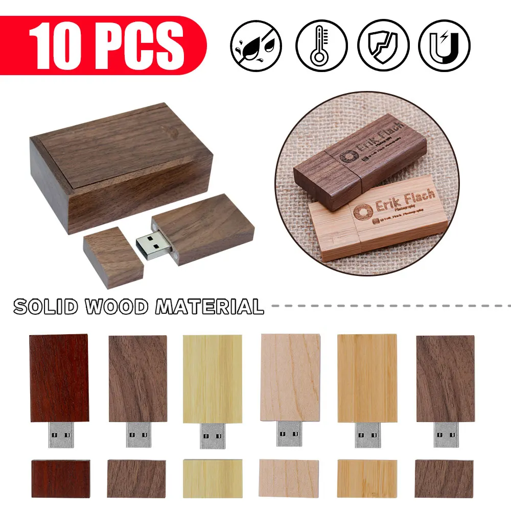 

10PCS/LOT USB 2.0 Flash Drives 128GB Wooden Pen drive 16GB 32GB with Box Memory stick 16GB Wedding gift U disk Free custom logo