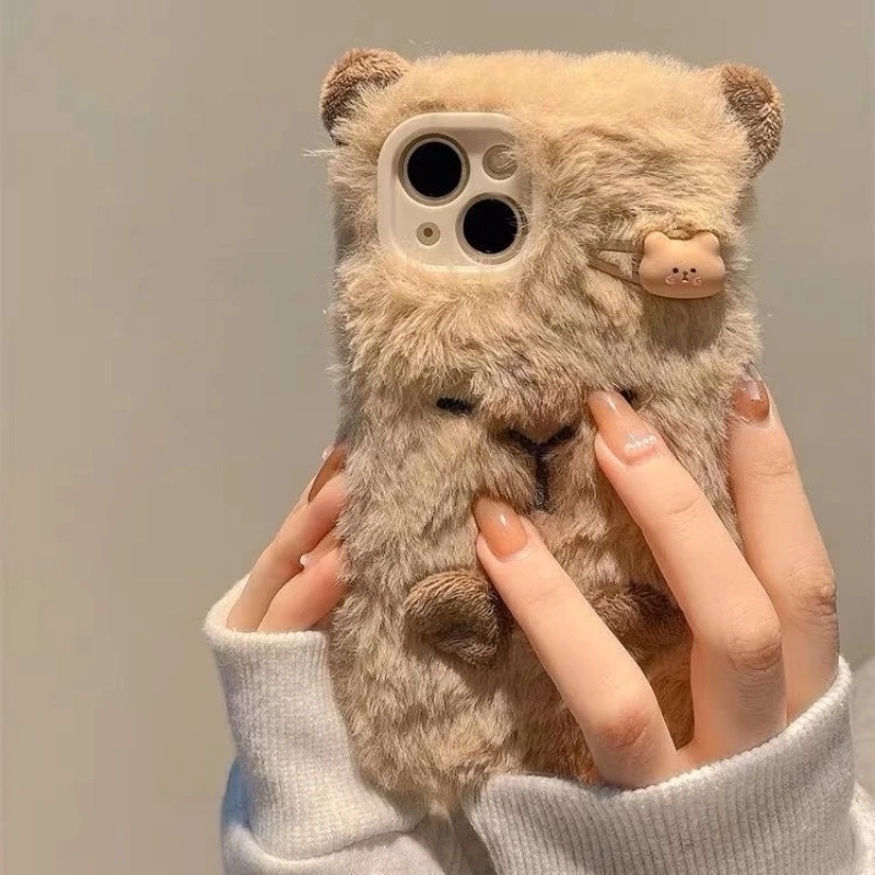 Cute Plush Embroidered Capybara Phone Case for iPhone 15 14 11 12 13 Pro Max, New Creative Women's Shockproof Luxury High-End Pr