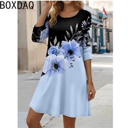 2025 Spring New Elegant Floral Print Long Sleeve Dress Big Size Women Casual Loose A-line Dress Vintage Boho Holiday Dress