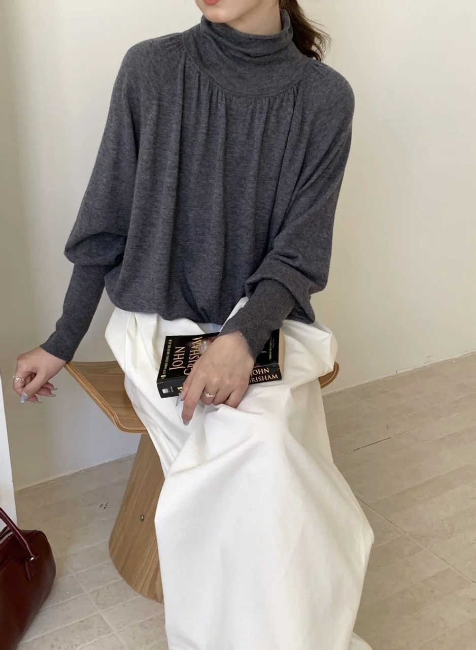 Fashionable Commuter Sweater Pleated Design Bat Sleeve Knitted Top Women's Loose Pile Collar Sweater Autumn and Winter New Style
