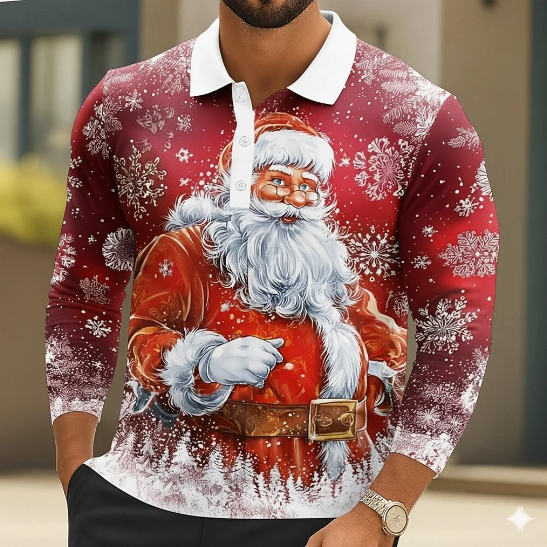 

Новая мужская рождественская рубашка-поло на пуговицах с длинным рукавом, забавная уличная фестивальная модная осенняя рубашка-поло с 3D принтом и лацканами, повседневные топы