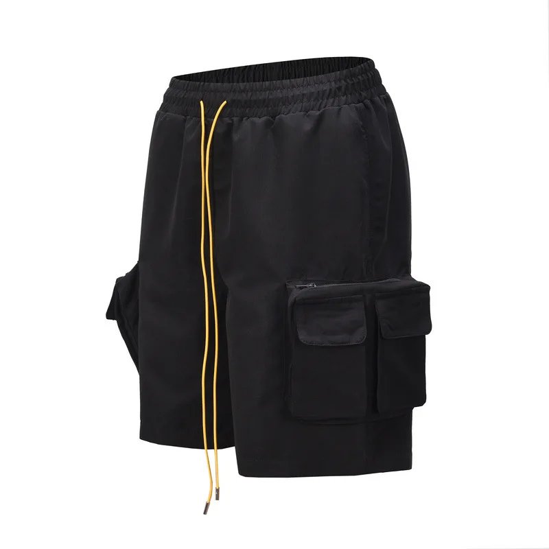 European and American High-Street Functional Multi-Pocket Shorts for Men 2026 Summer Drawstring Elastic Waist Black Shorts