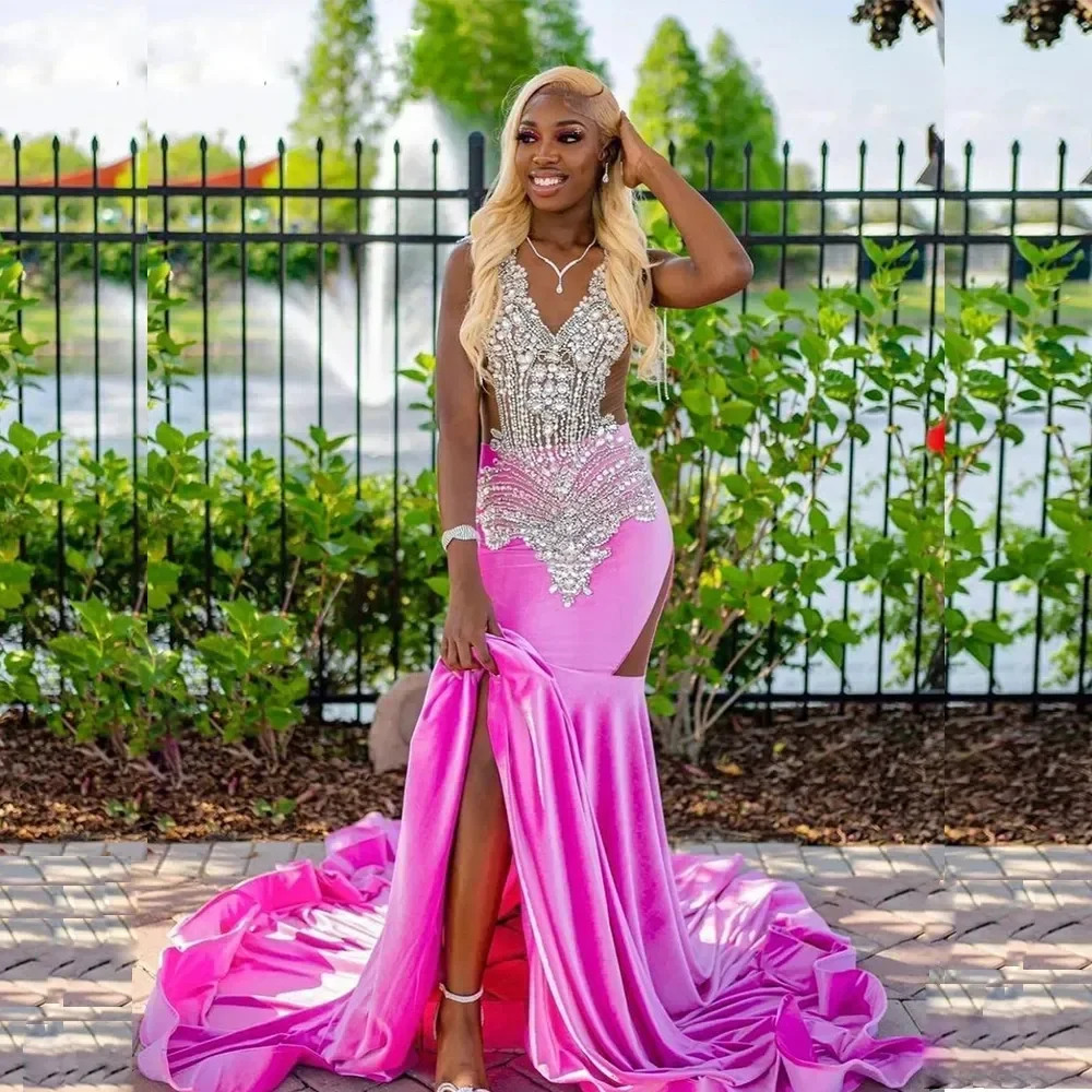 Abiti da ballo a sirena in velluto 2024 per donne africane cristalli Glitter perline ragazze nere Aso Ebi Plus Size abiti da sera per occasioni