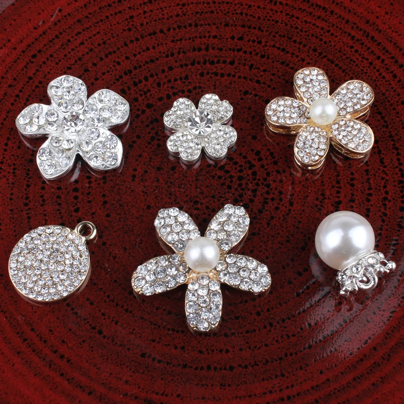

30PCS Hot Fix Vintage Metal Flower/leaf/round Crystal Pearl Buttons Alloy Flatback Rhinestone Buttons for Hair Accessories