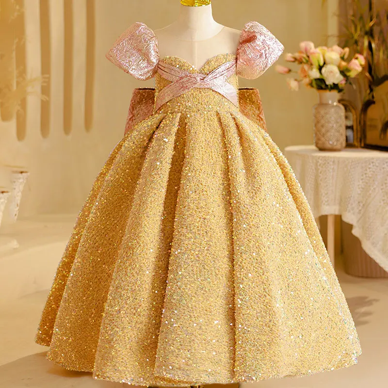 

Gold Christmas Party Gown Little Girls Luxury Princess Prom Dress 3-14Years Teen Girls Sequin Vintage Formal Banquet Pageant