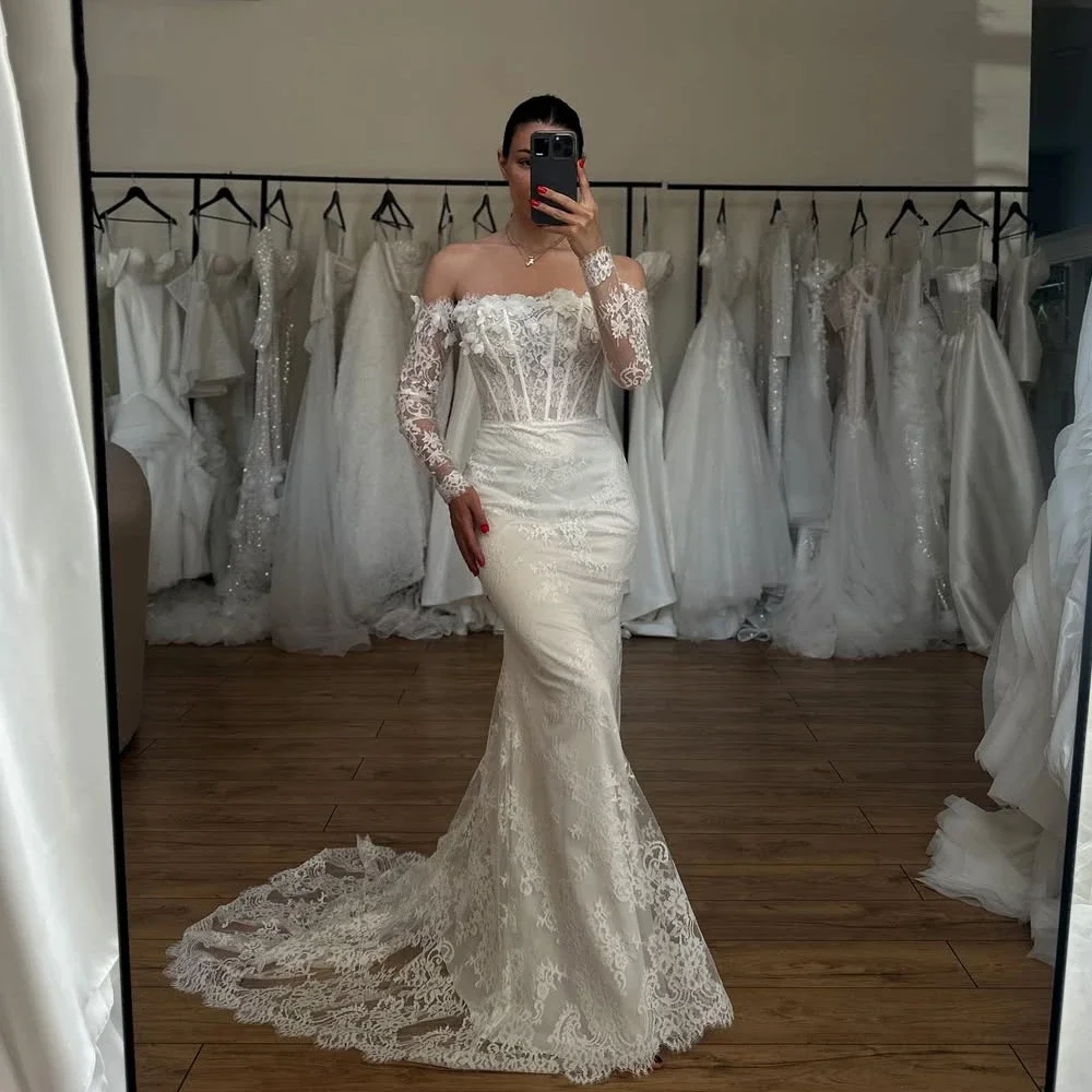 

Customized Lace Mermaid Wedding Dresses Off The Shoulder Long Sleeves Bridal Dress Boho Wedding Gown Robe De Mairee 2025