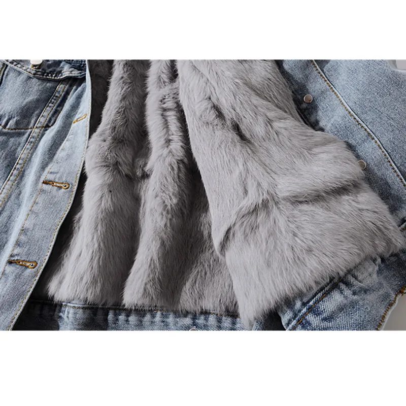 Vintage Winter Warm Denim Jasje Vrouwen Afneembare Vos Bontkraag Konijnenbont Gevoerde Jeans Jas Koreaanse Losse Bovenkleding Vrouwelijke