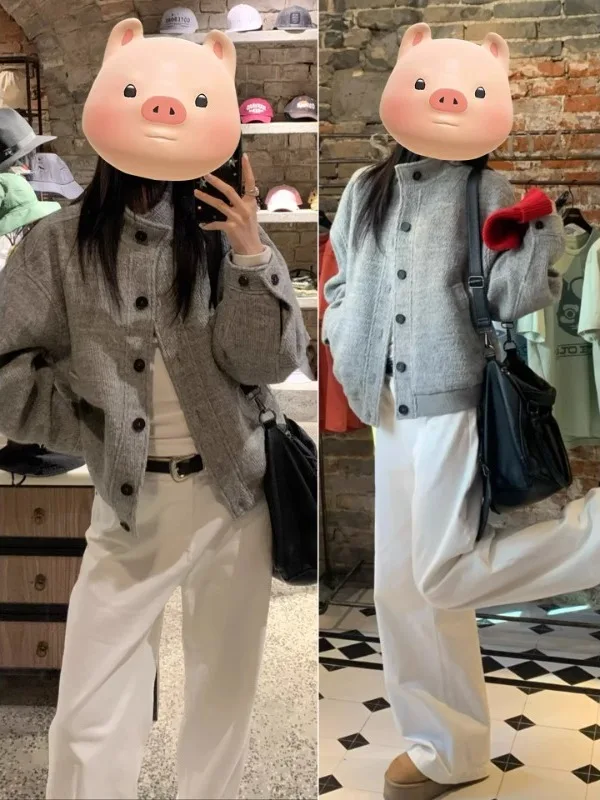 

Beige Casual Short Baseball Jacket Women's Spring Autumn New Loose Fit Korean Style Fashionable Top Button Pocket Color