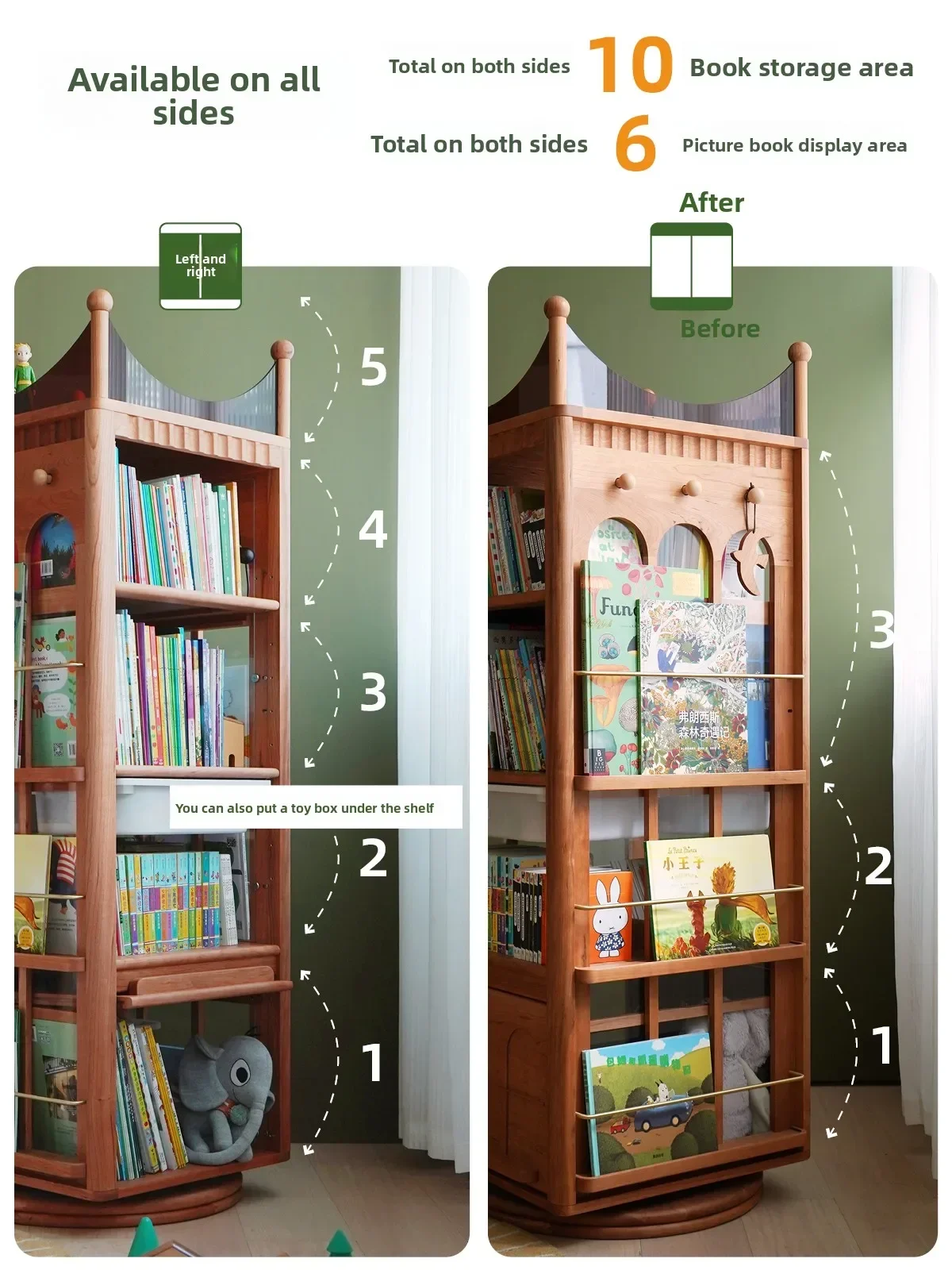 Rotating bookshelf 360 degree bookcase cherry solid wood children's picture book shelf