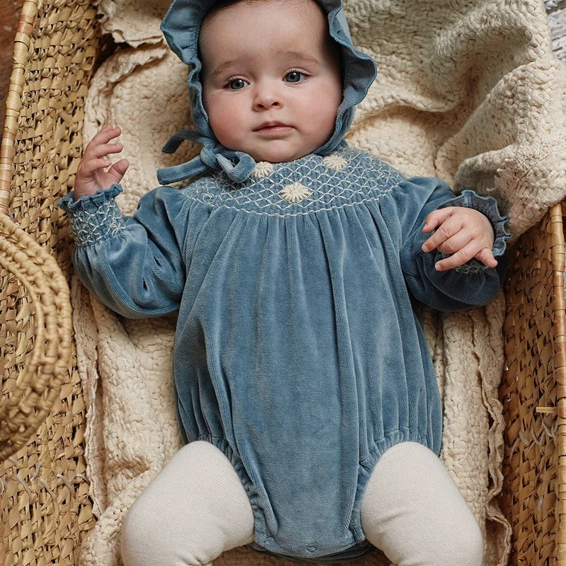 Winter Bodysuit for Newborns BEBE Kids Baby Long Sleeve Pants Romper Cap Suit Corduroy Velvet Embroidered Collar Infant Clothes