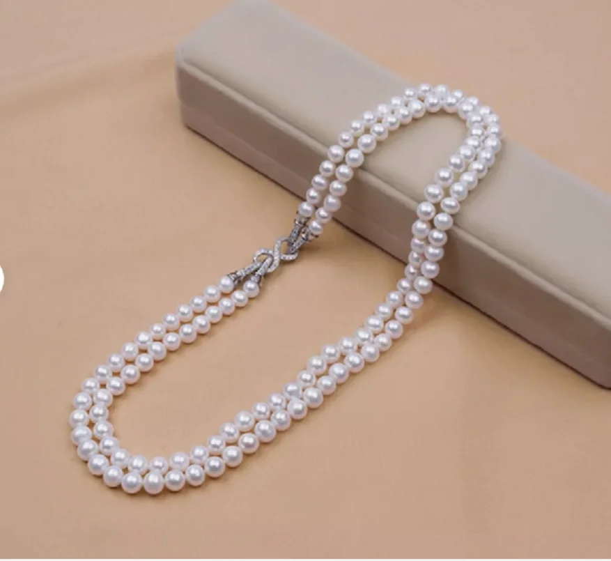 Fine Jewelry 2 Rows - Natural Pearl AAA7-8mm South Sea Round Necklace 925s17-18 inch